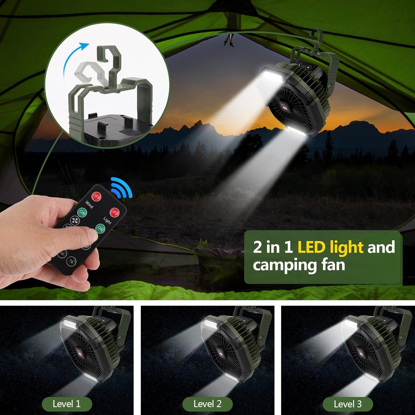 USB Campingventilator mit LED-Licht, Fernbedienung
