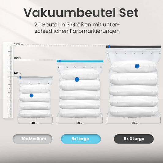 Vakuumbeutel-Set für Kleidung (20 Stück, 3 Grössen), 20er Set