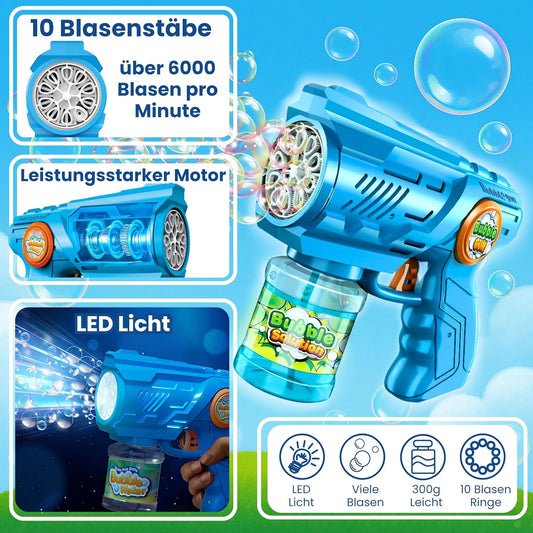 2x Seifenblasenpistolen mit LED und 100ml Tank, inkl. 1 L Nachfüllkonzentrat, Blau + Rot