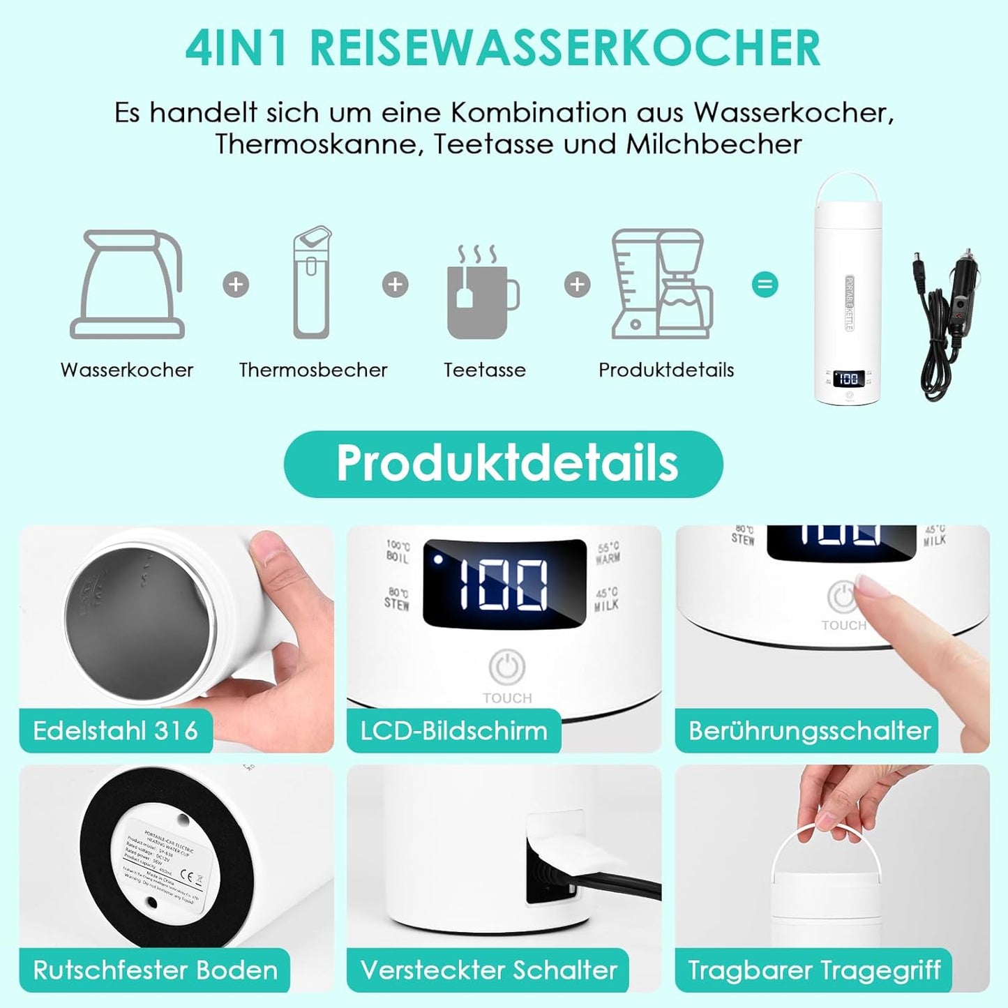 Reisewasserkocher für Auto (500ml, Weiss 2