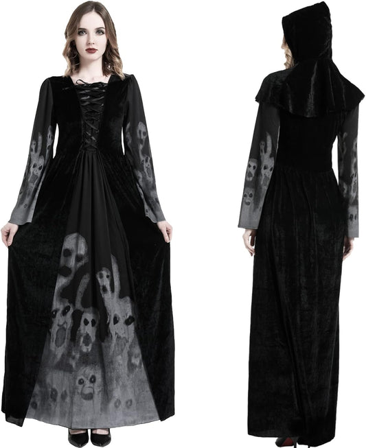 Halloween Hexenkostüm für Damen, langes Kleid, Schwarz L