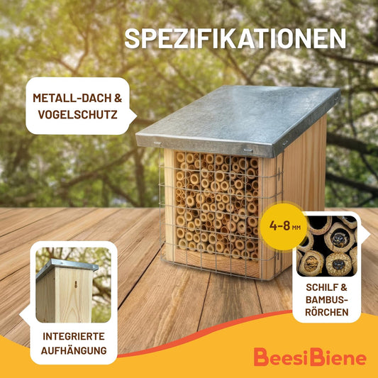 Bienenhotel mit Metalldach & Schutzgitter, Bambus & Schilf + Metalldach