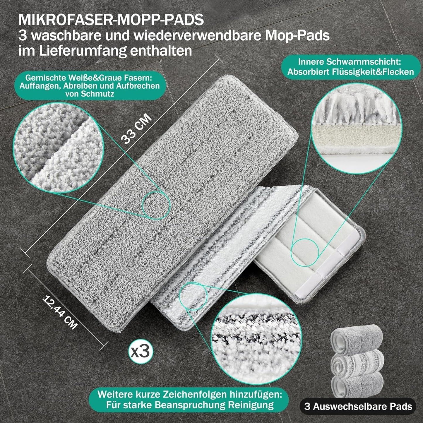 Freihändiger Wischmopp- und Eimer-Set mit Auswringer, Mittlere Eimer #13 + Griff + 3 Pads