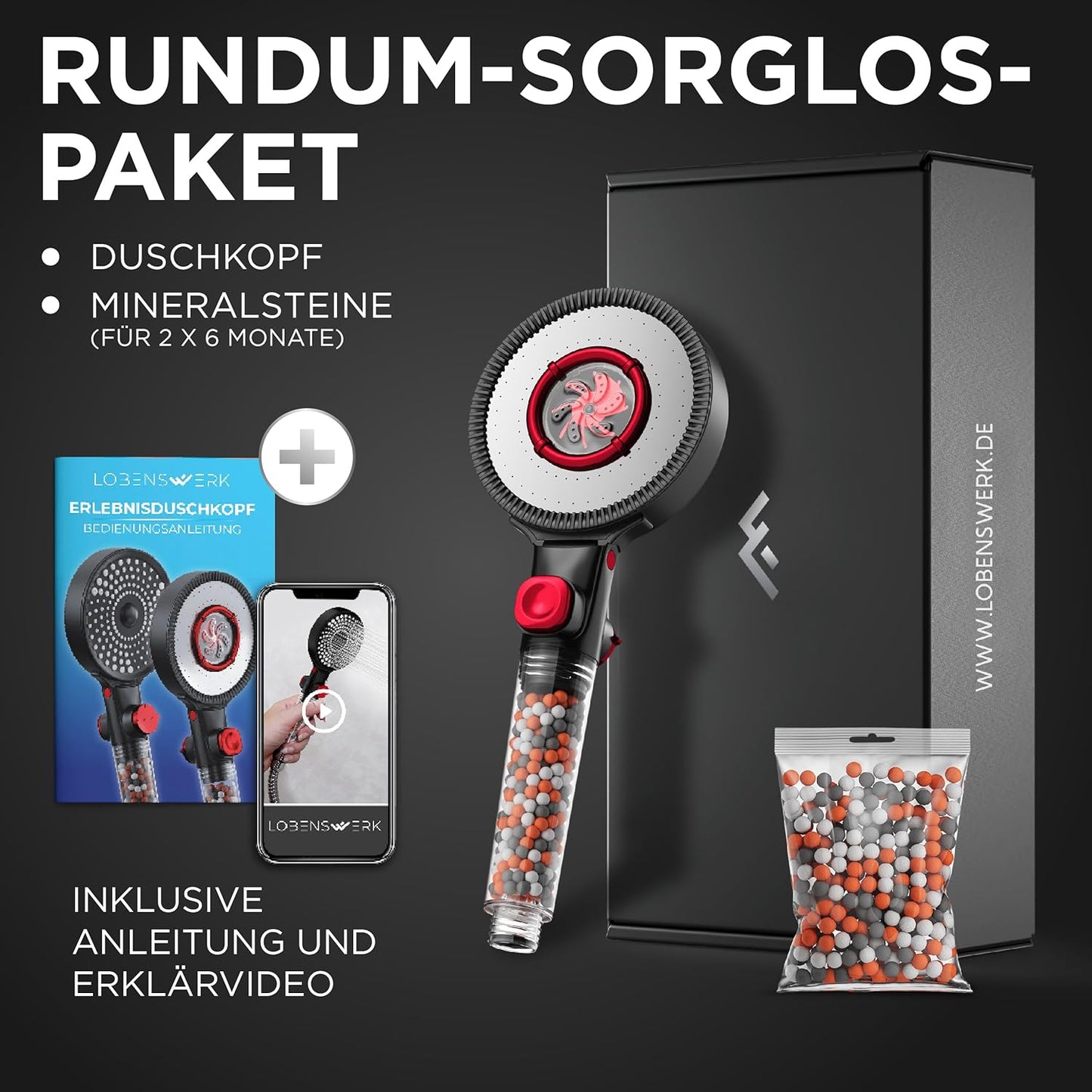 Duschkopf mit Mineralperlen & Booster-Modus, Transparenter Griff