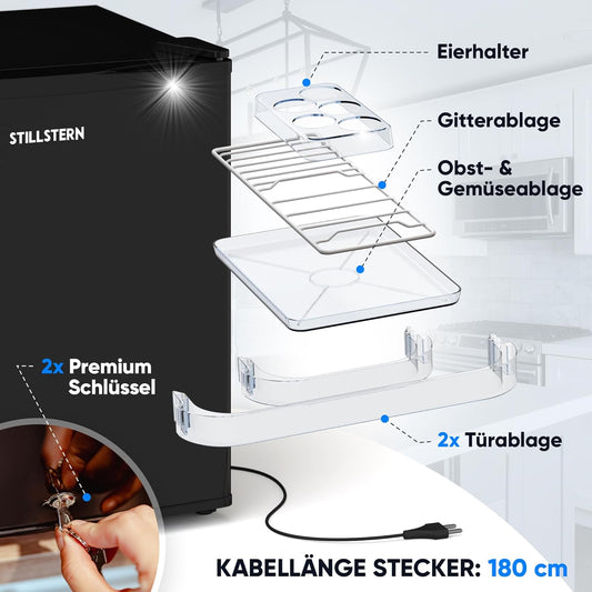 Mini Kühlschrank 45L mit Frostfach und Schloss, Schwarz
