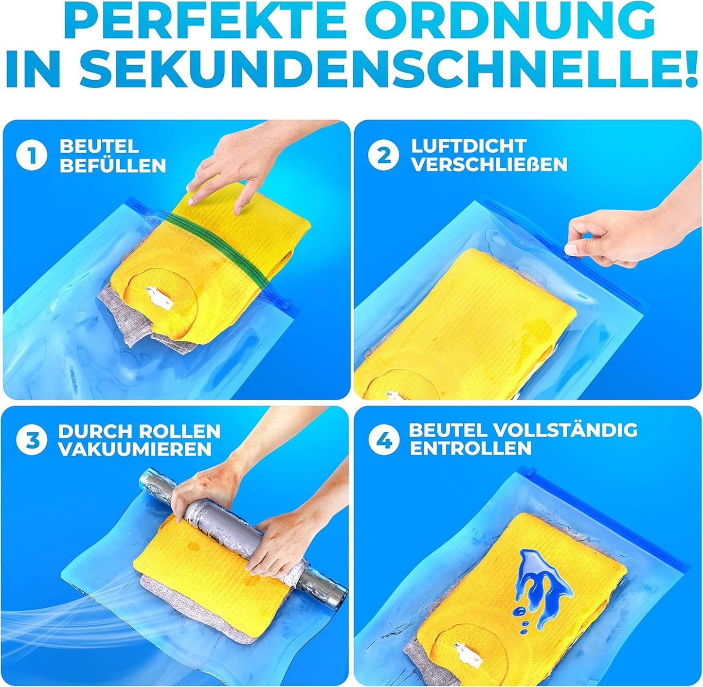 Vakuumbeutel-Set für Reisen (12 Stück) in 3 Grössen, 4x Medium + 4x Large + 4x XL (zum Rollen)