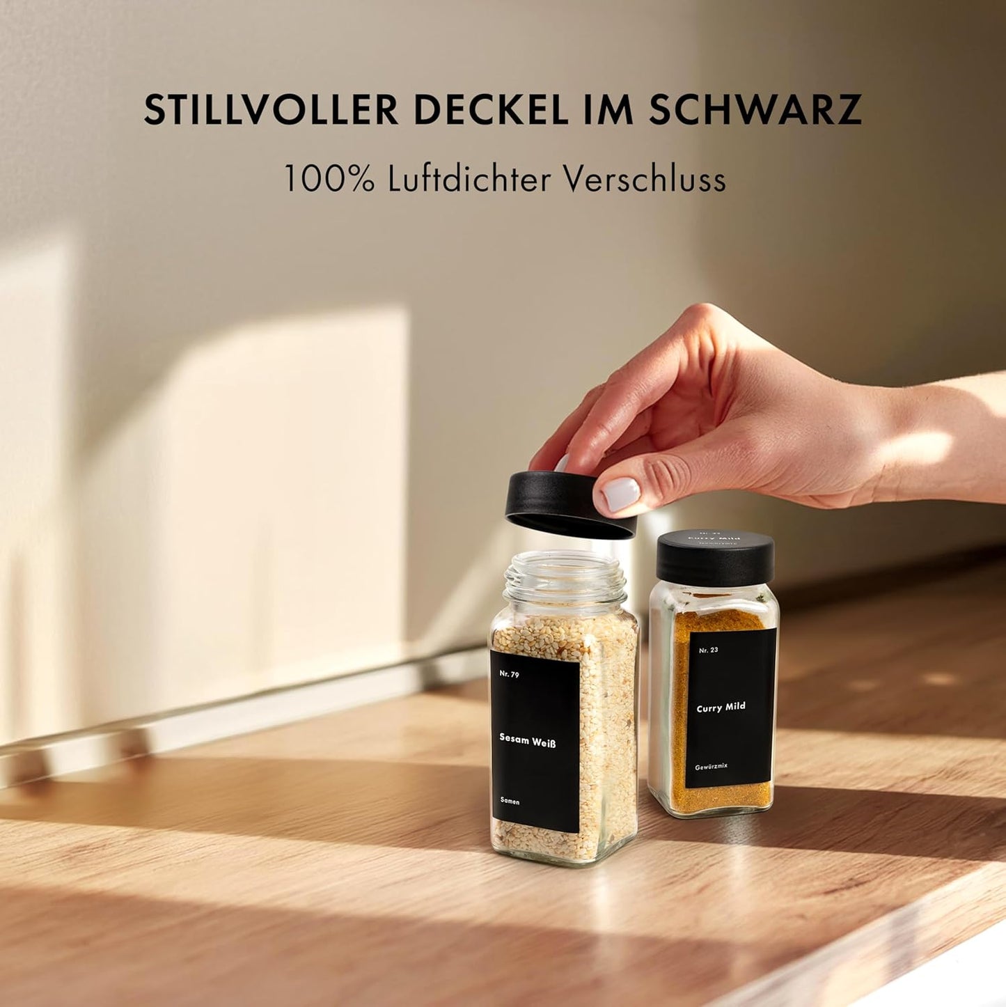 24x eckige Gewürzgläser inkl. Zubehör, Schwarzer Deckel