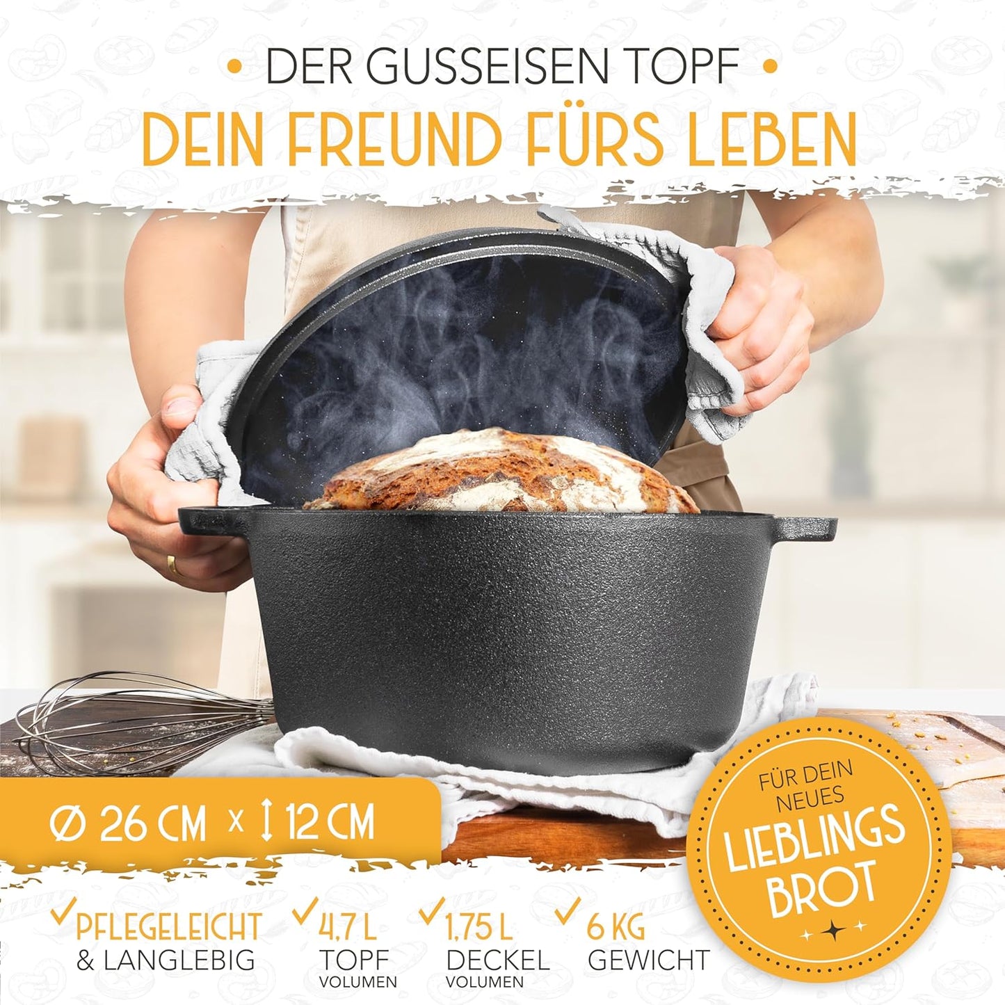 Gusseisen Brottopf mit Gärkorb, 4,7l