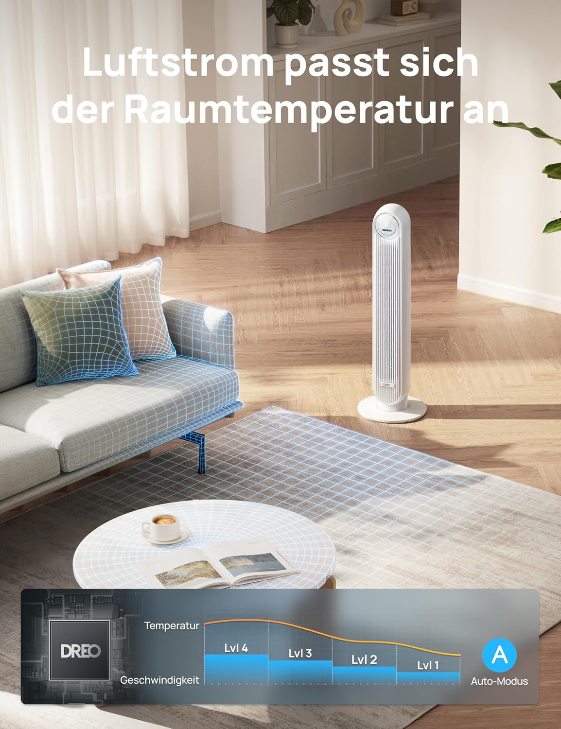 Nomad One S Smart-Turmventilator mit WLAN & Fernbedienung, WLAN Weiß