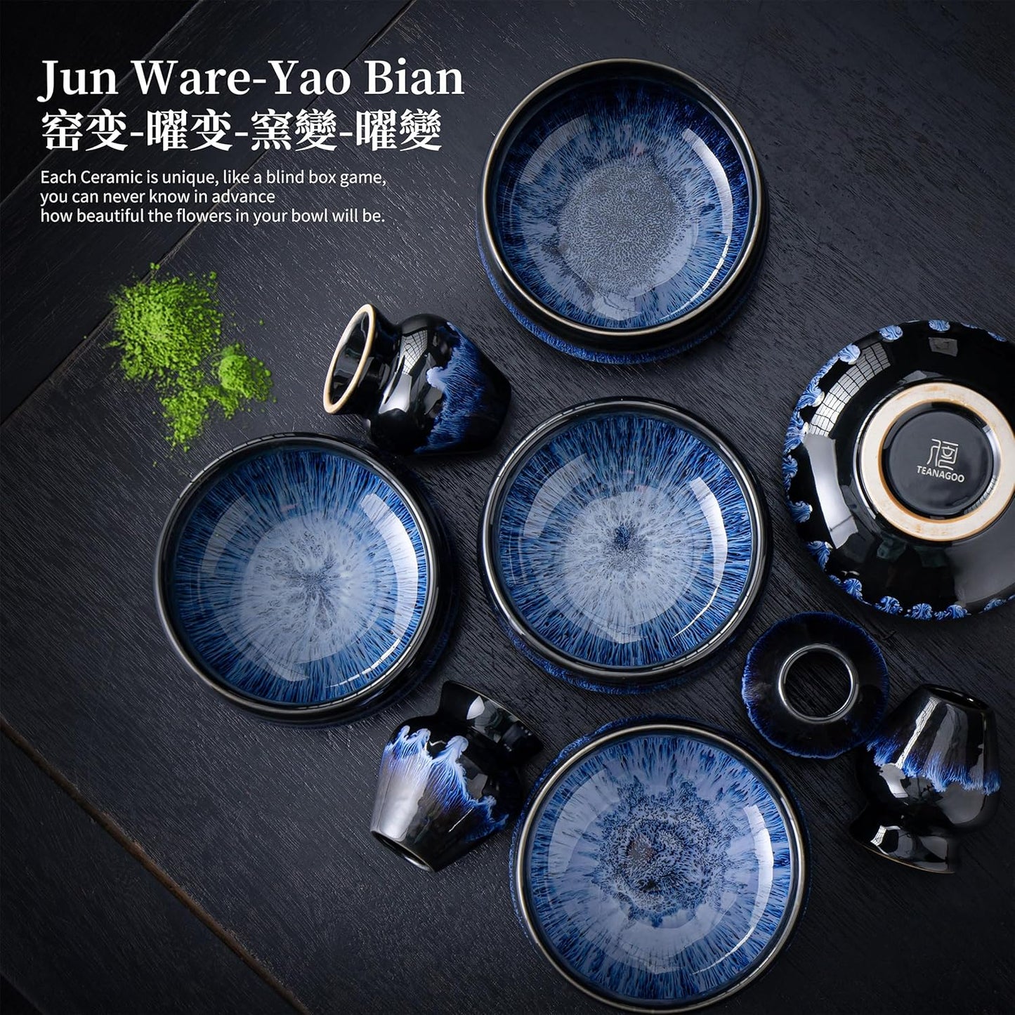 7-teiliges Matcha-Tee-Set mit Bambus-Schneebesen, Bol Junware, B.junware-blau