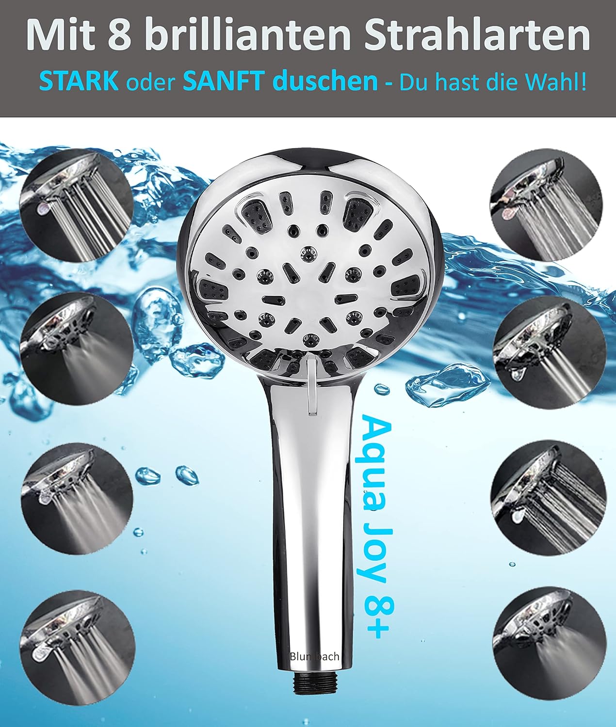 Hochdruck Duschkopf mit 8 Strahlarten, 8L/Min. 8 Strahlarten / Sparduschkopf