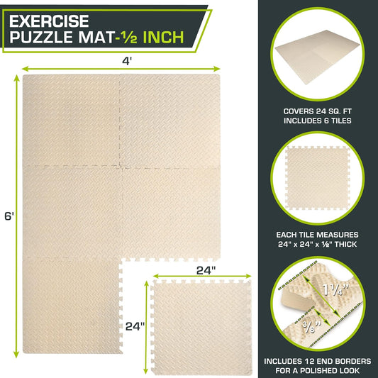 Interlocking Foam Fitnessmatte, Beige - 1/2 Inch - 24 Sq Ft - 6 Tiles