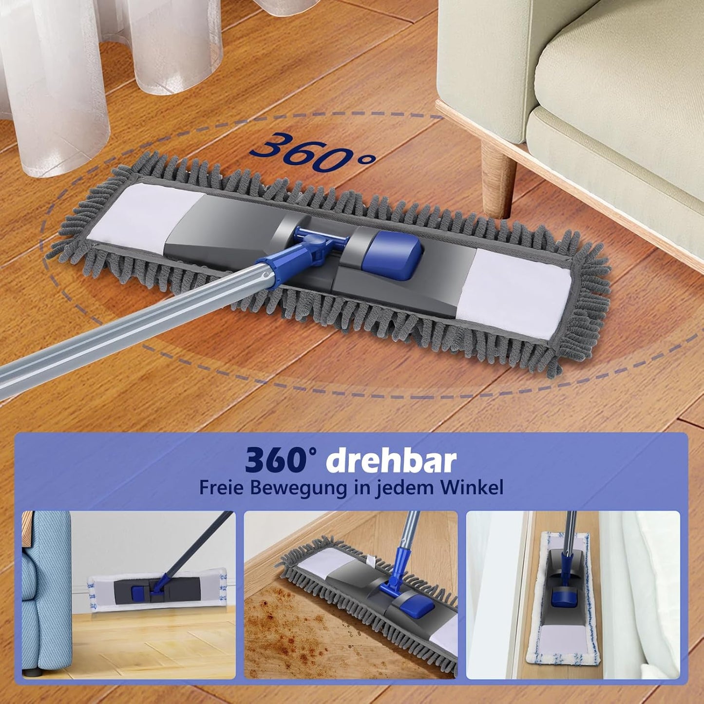 Wischmopp-Set mit 4 Pads und Schaber, Chenille+Mikrofaser Mopp