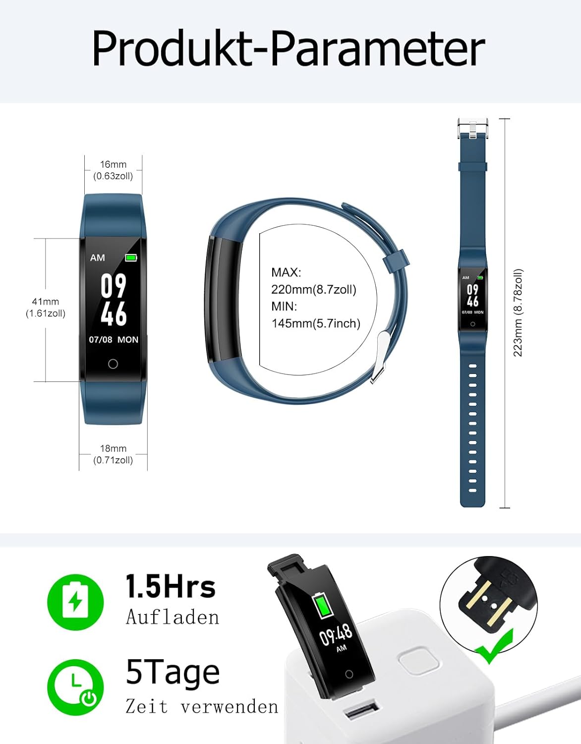 Schrittzähler Fitnessuhr ohne Handy-Anbindung, Blau