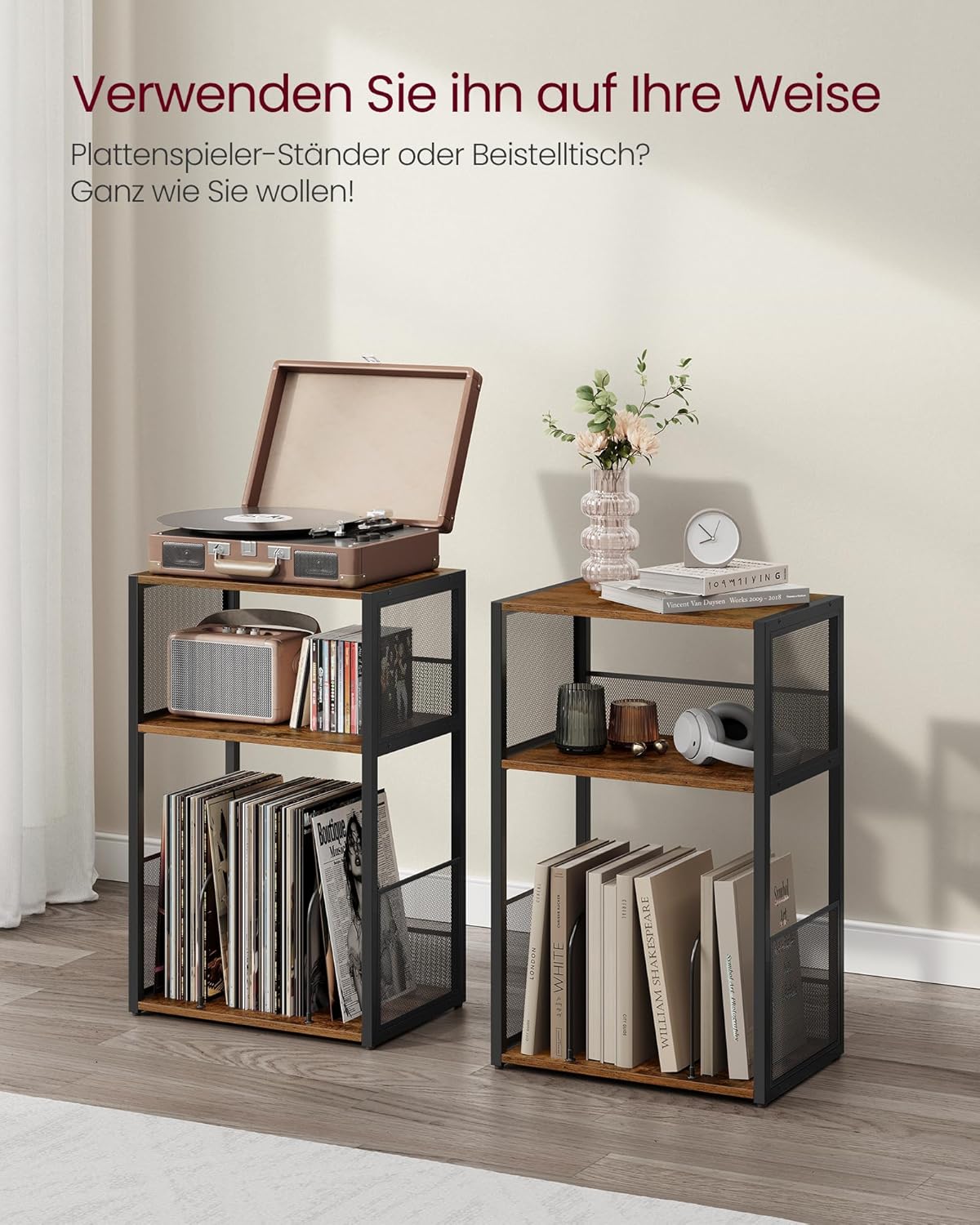 Plattenspieler-Ständer mit Schallplatten-Aufbewahrung, Vintagebraun Standardversion