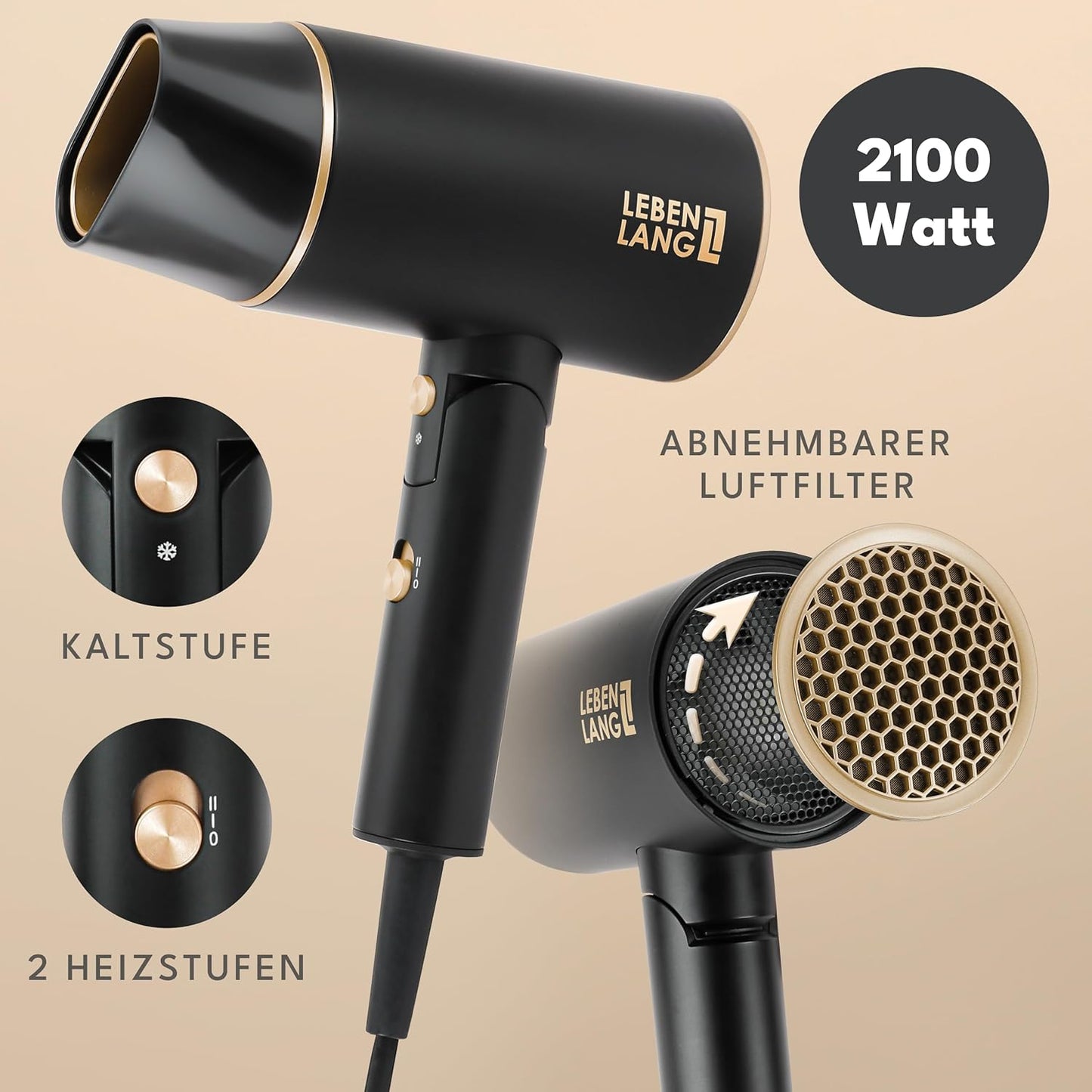 Ionen-Haartrockner, Schwarz / Gold