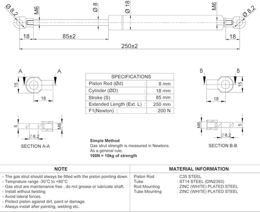 Gasdruckfeder für Türen & Autos, 200 Newton 250 mm