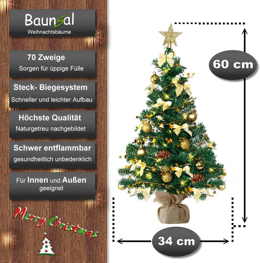 Künstlicher Weihnachtsbaum mit Deko & LED-Lichterkette, 60 cm Grün-gold-braun+warmweiss