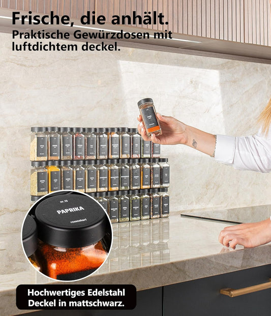 36er-Set Gewürzgläser mit 280 Etiketten, Stift, Reinigungsbürste & Trichter, 36er Set - Schwarz deckel