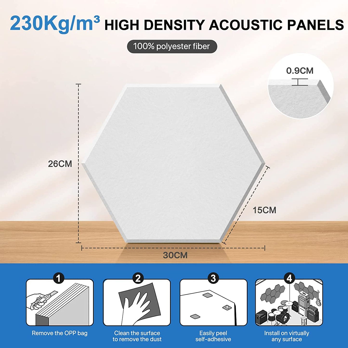 Hexagon Akustikplatten, 12 Stück Weiß