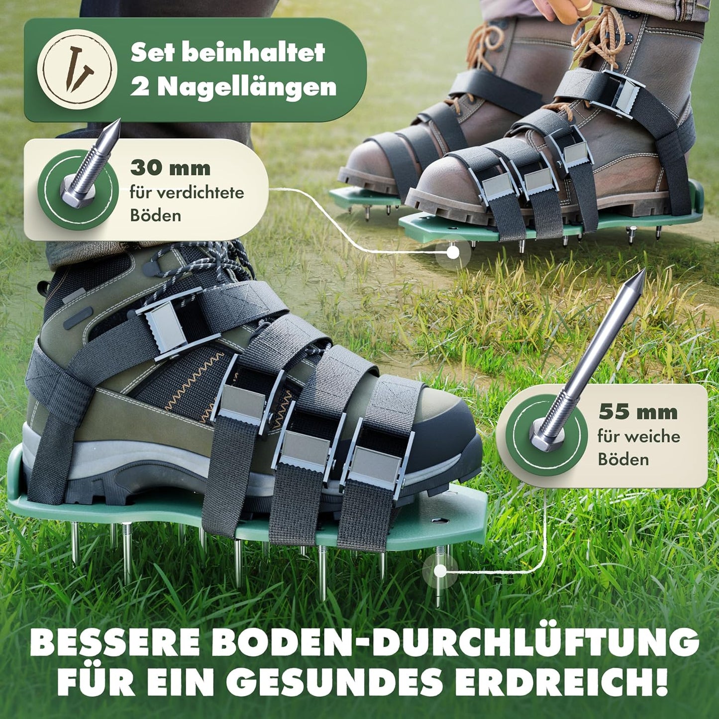Rasenlüfter Nagelschuhe, Metallverschluss - 2 Nagellängen