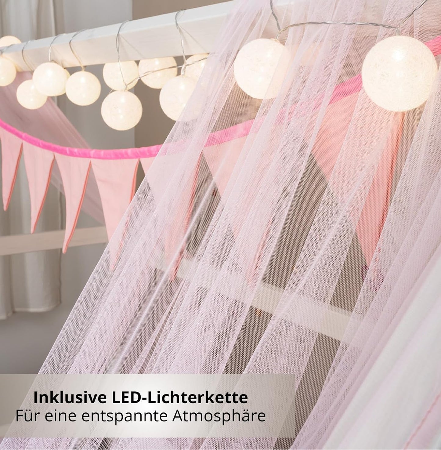 4-teiliges Hausbett Deko Set mit Betthimmel und Wimpelkette