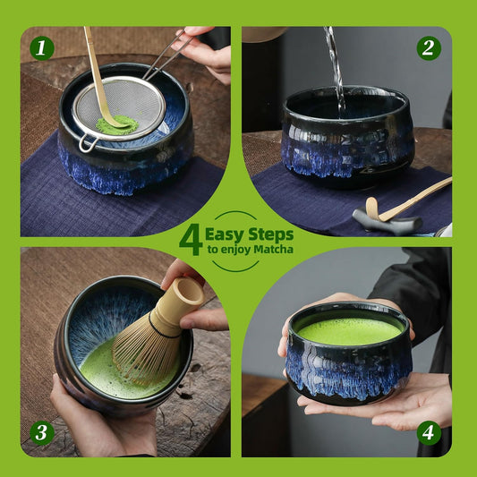 7-teiliges Matcha-Tee-Set mit Bambus-Schneebesen, Bol Junware, B.junware-blau
