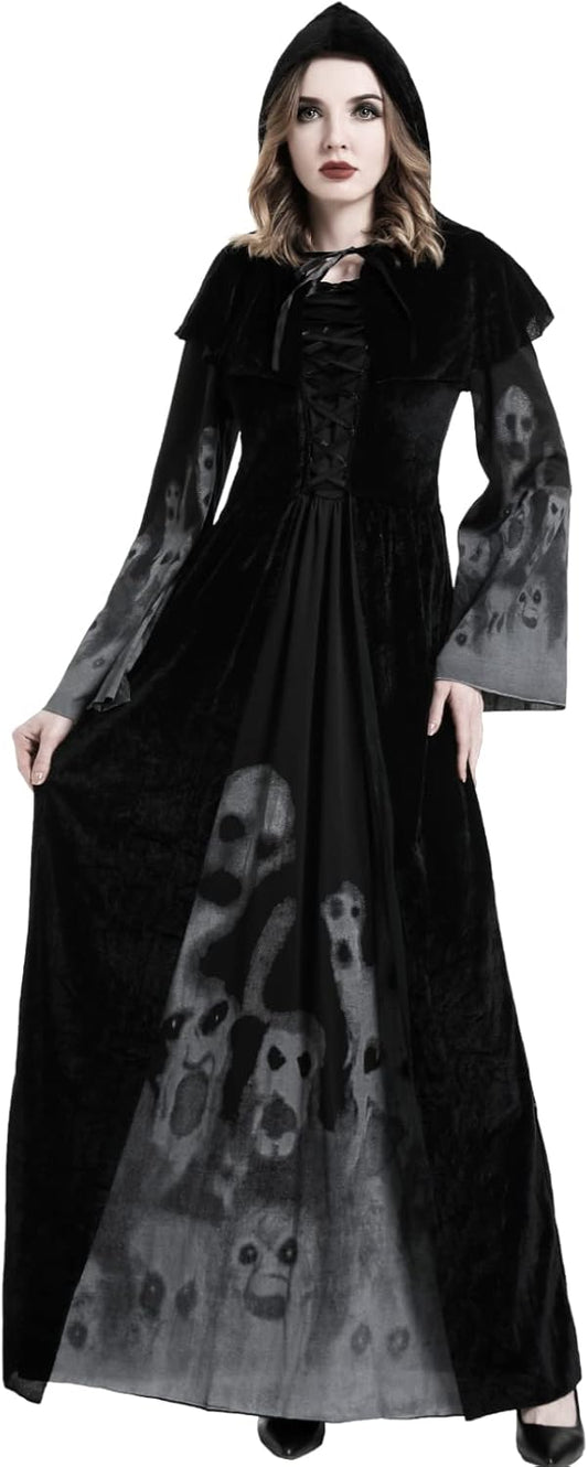 Halloween Hexenkostüm für Damen, langes Kleid, Schwarz L