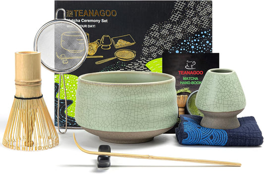 7-teiliges Matcha Tee-Set mit Besen und Zubehör, Ruware-Set|Lt.grün mit Schwarzer Naht
