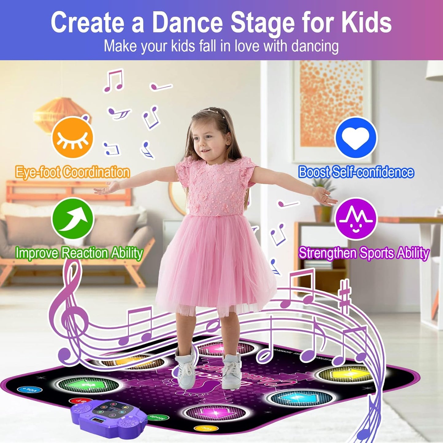 Kinder-Tanzmatte mit Bluetooth und LED-Pfeilen, Mehrfarbig