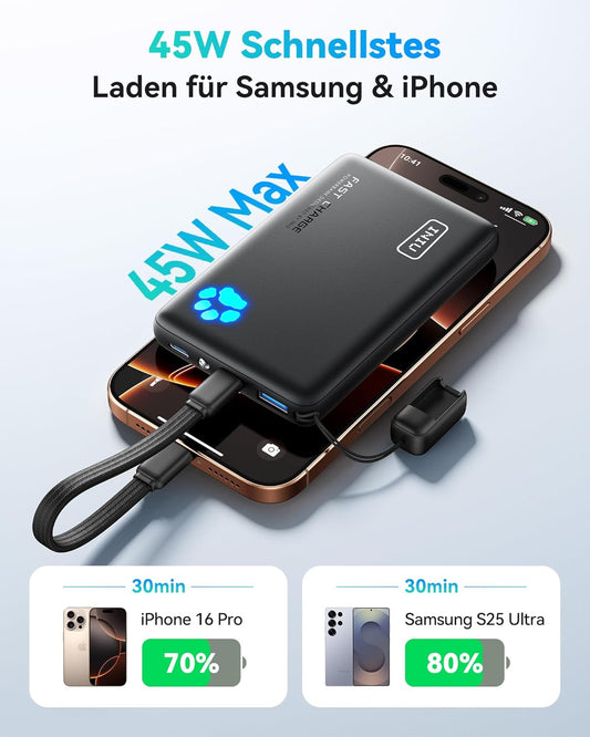Powerbank 10000mAh mit USB-C & Taschenlampe, Mini Grösse Schwarz