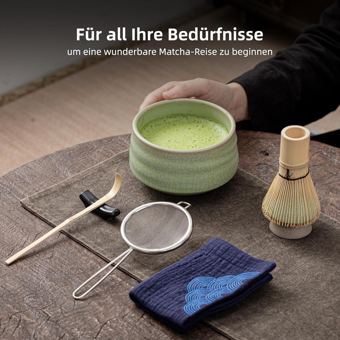 7-teiliges Matcha Tee-Set mit Besen und Zubehör, Ruware-Set|Lt.grün mit Schwarzer Naht