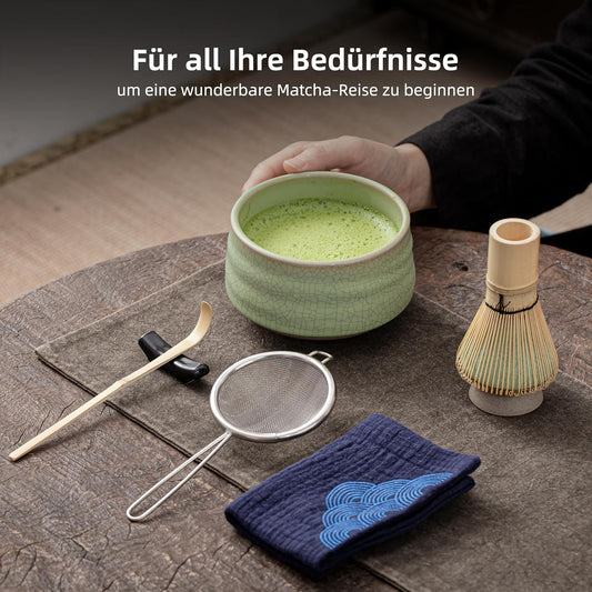 7-teiliges Matcha Tee-Set mit Besen und Zubehör, Ruware-Set|Lt.grün mit Schwarzer Naht