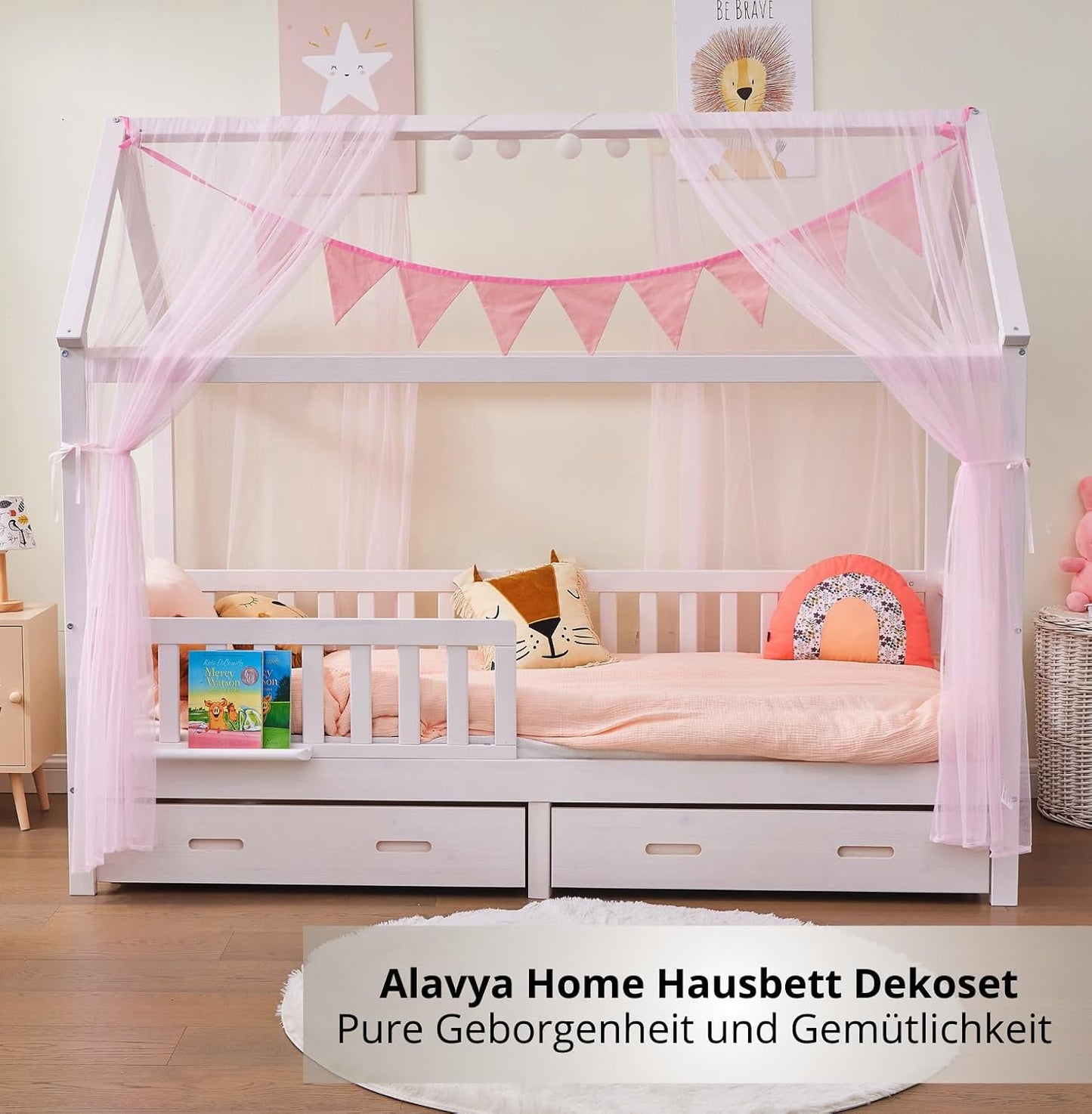 4-teiliges Hausbett Deko Set mit Betthimmel und Wimpelkette