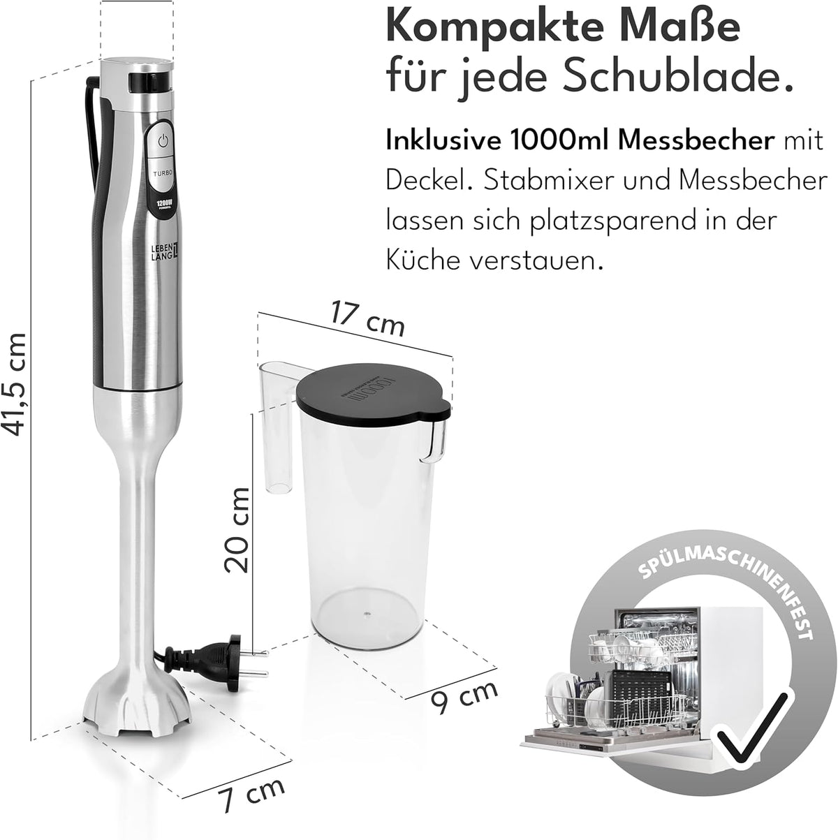Stabmixer mit Messbecher & Spritzschutz, Stabmixer + Messbecher - 1200W
