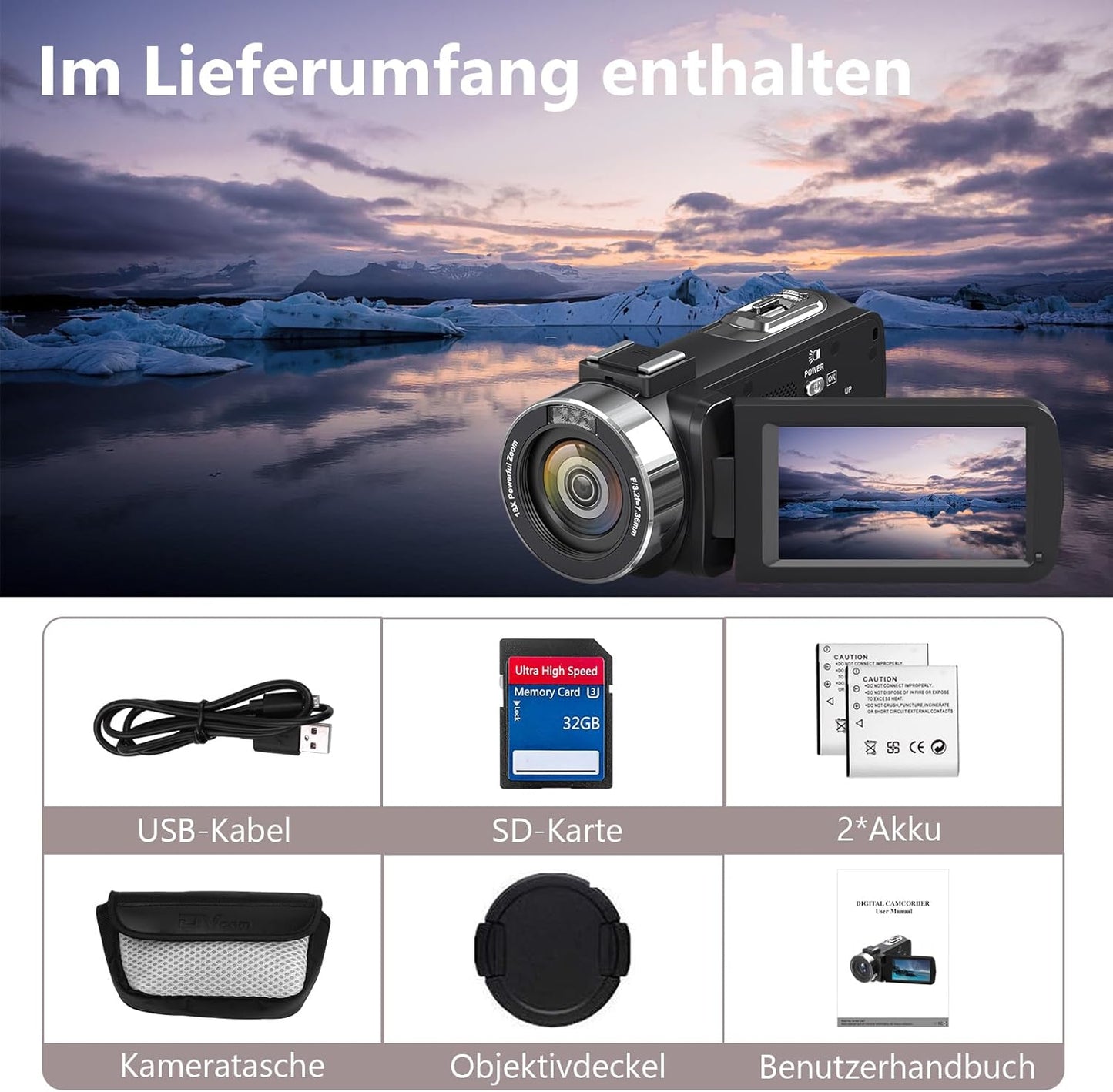 4K Camcorder mit IR-Nachtsicht und 18x Zoom, Schwarz