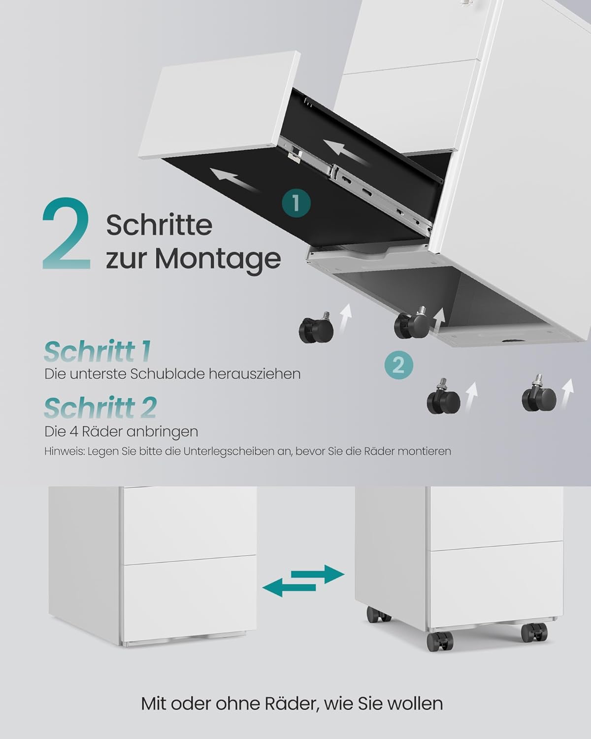Mobiler Aktenschrank OFC079W01 mit 3 Schubladen, abschliessbar, 3 Ablagen (40T x 30B x 54H cm) Mattweiß