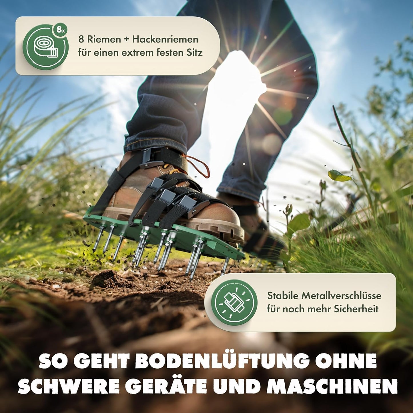 Rasenlüfter Nagelschuhe, Metallverschluss - 2 Nagellängen
