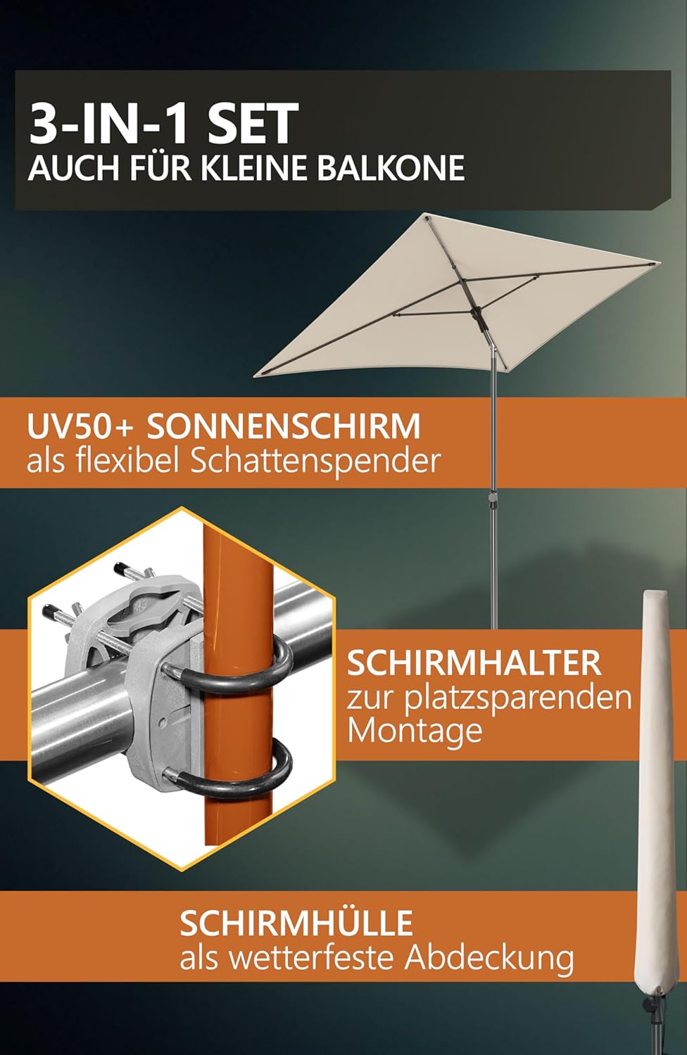 Sonnenschirm Balkonset SunnyShade Plus, Halter Set – 1 x Halter Sunnyeasy + Schirm + Hülle Beige