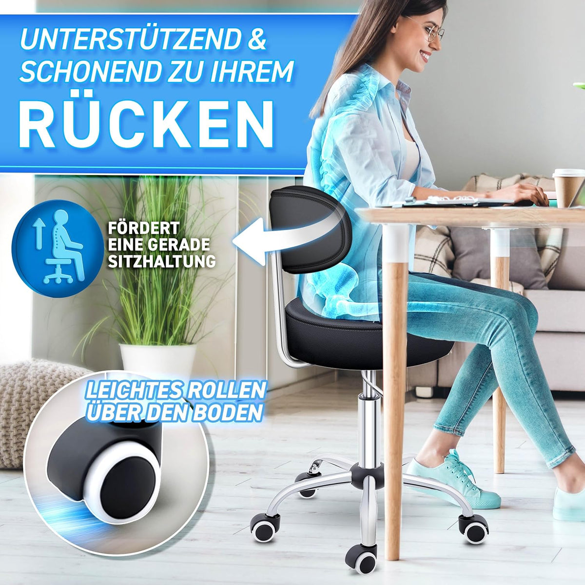 Höhenverstellbarer Rollhocker mit Lehne, Schwarz