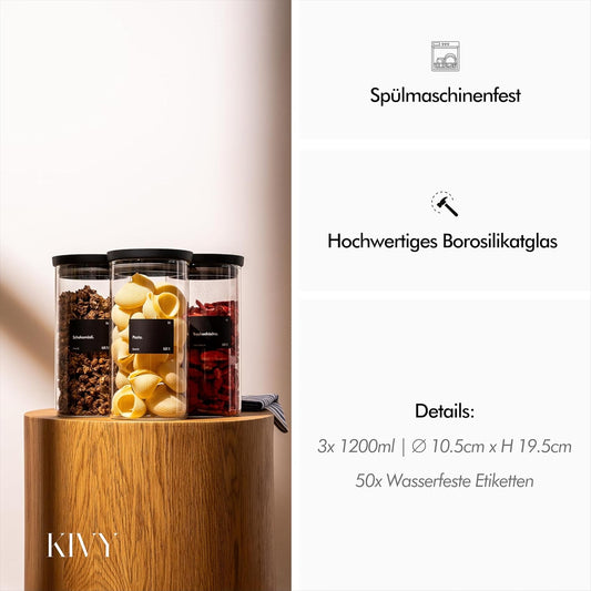 3er Set luftdichte Vorratsgläser, 3x 1200ml