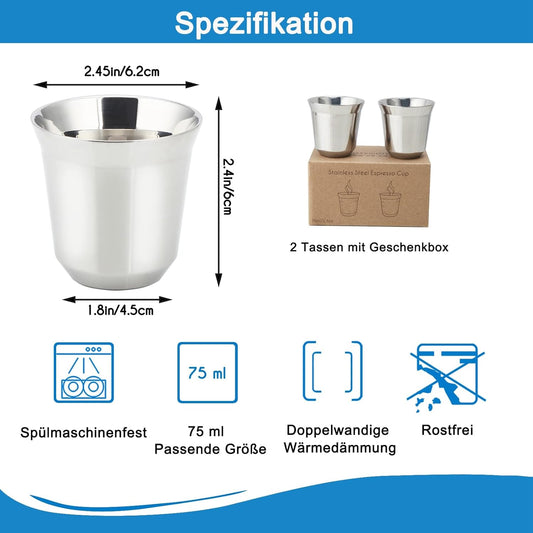 2er-Set Doppelwandige Espressotassen, 75 ml Chrom