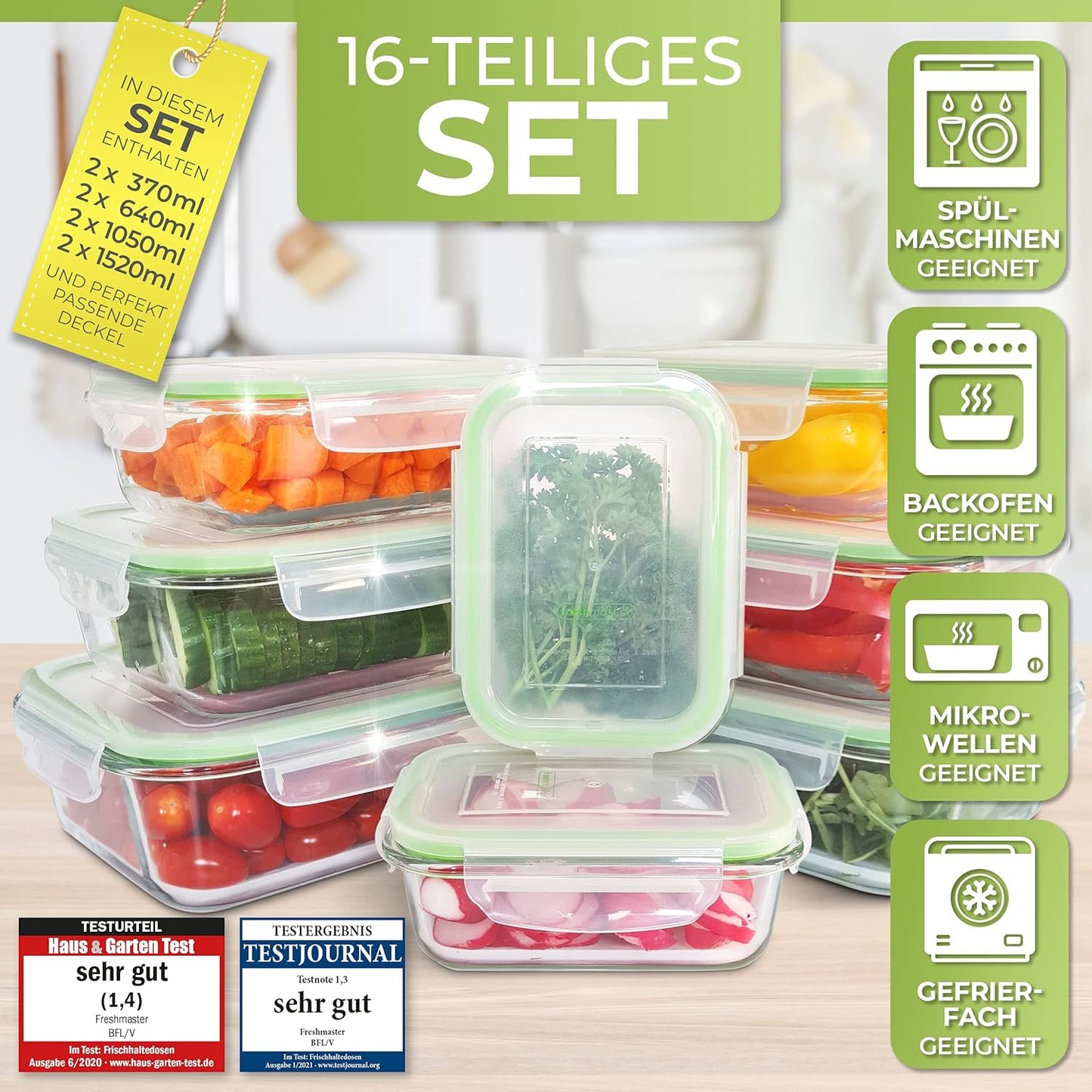 16-teiliges Frischhaltedosen Glas-Set