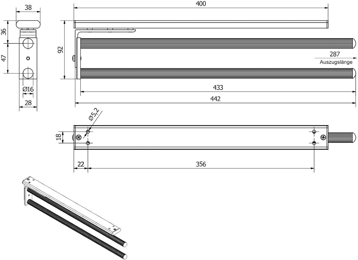 2-armiger Teleskop-Handtuchhalter, Ev1 Eloxiert 2-armig 450 - 730 mm