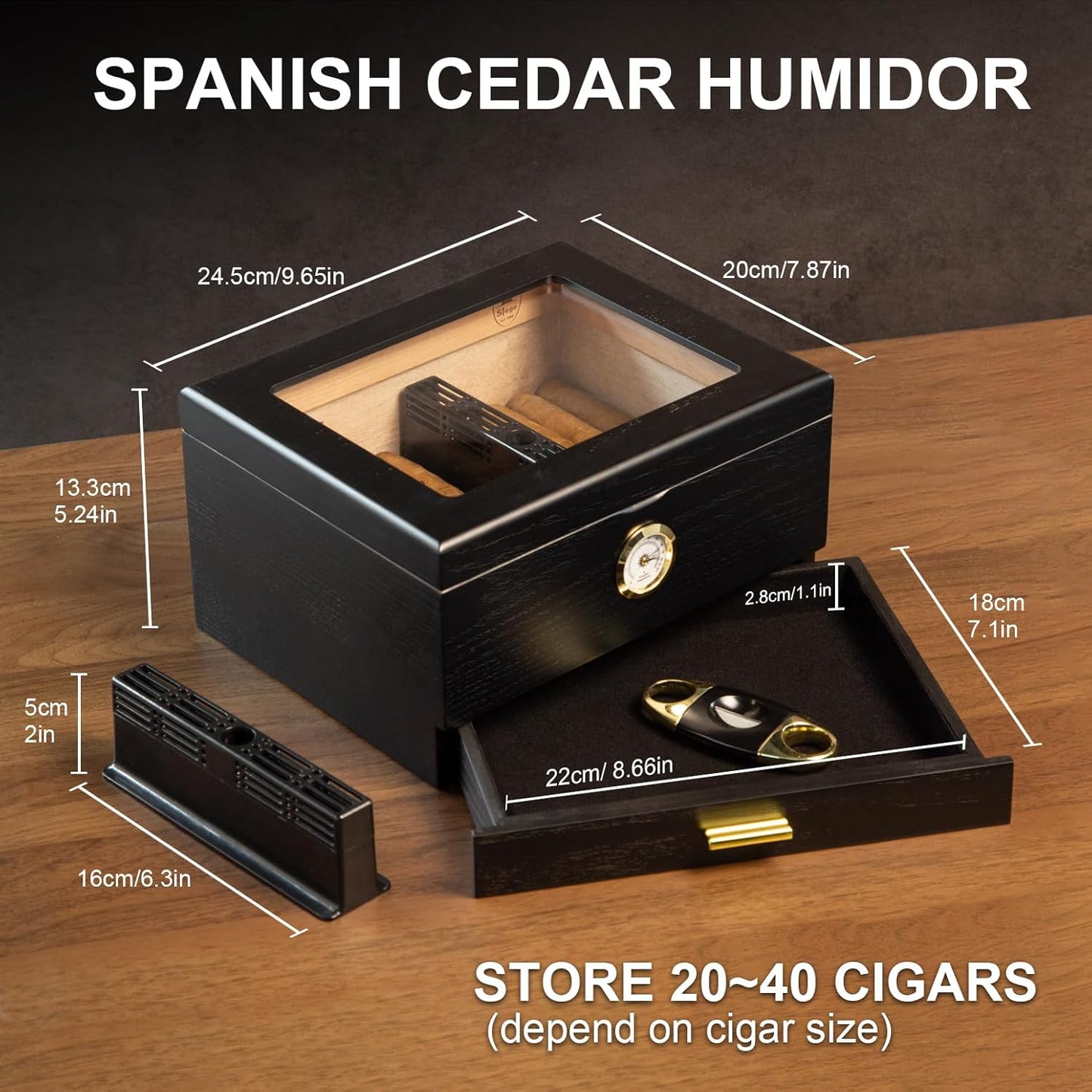 Zigarren-Humidor-Box mit Befeuchter & Hygrometer, Schwarz 10-50