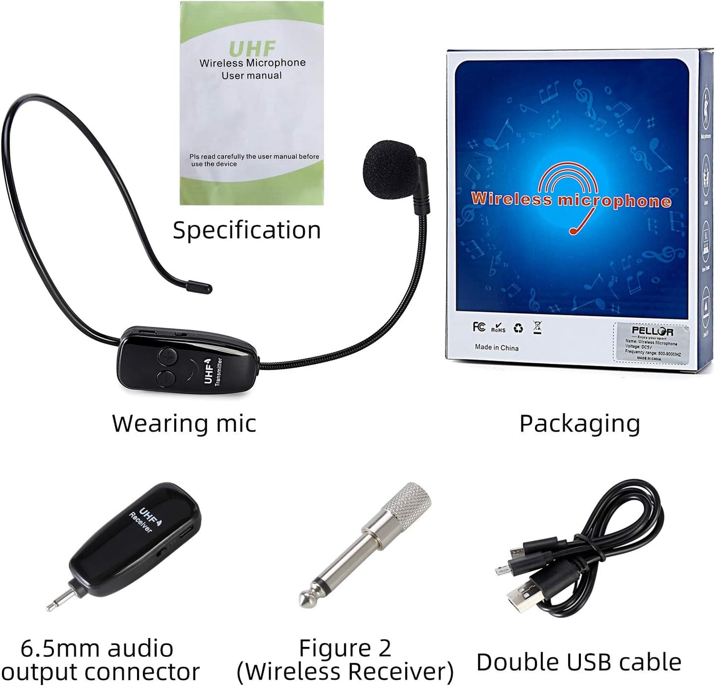 Kabelloses UHF Mikrofon mit Headset und Empfänger