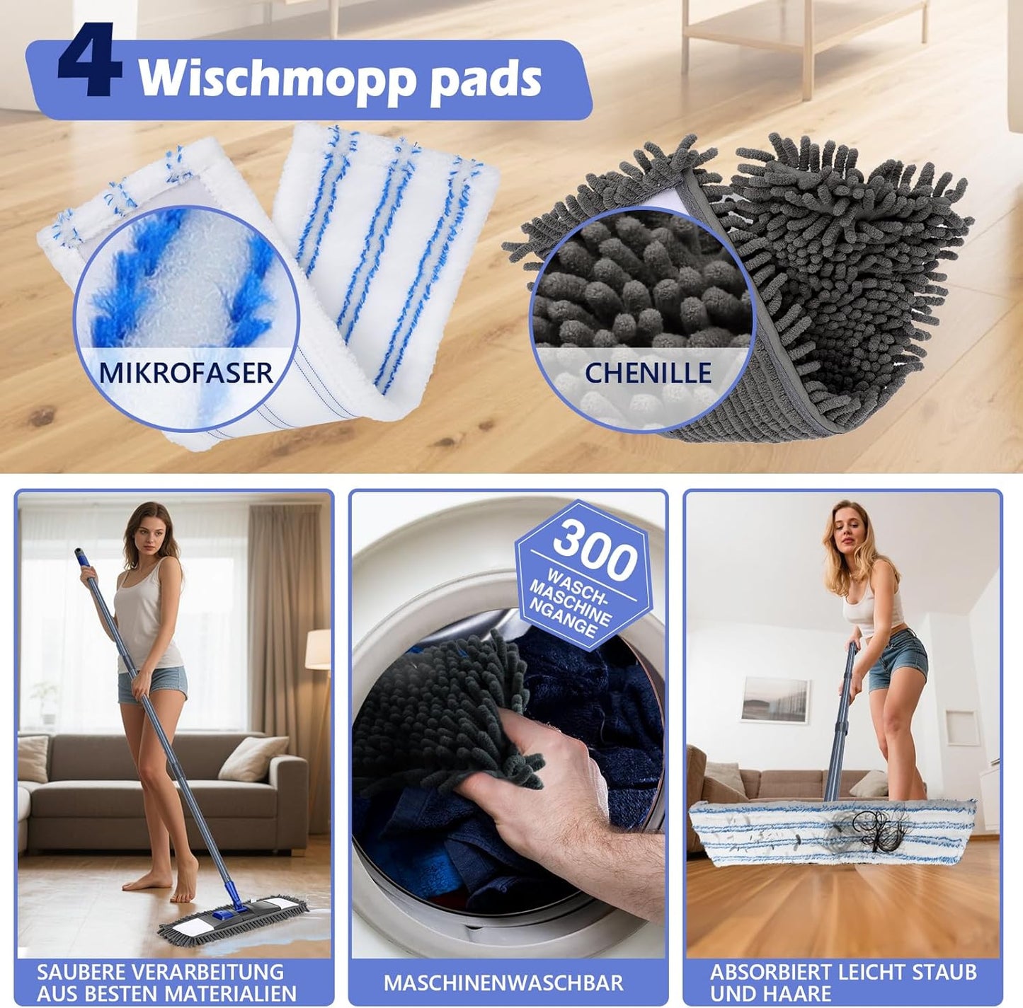 Wischmopp-Set mit 4 Pads und Schaber, Chenille+Mikrofaser Mopp