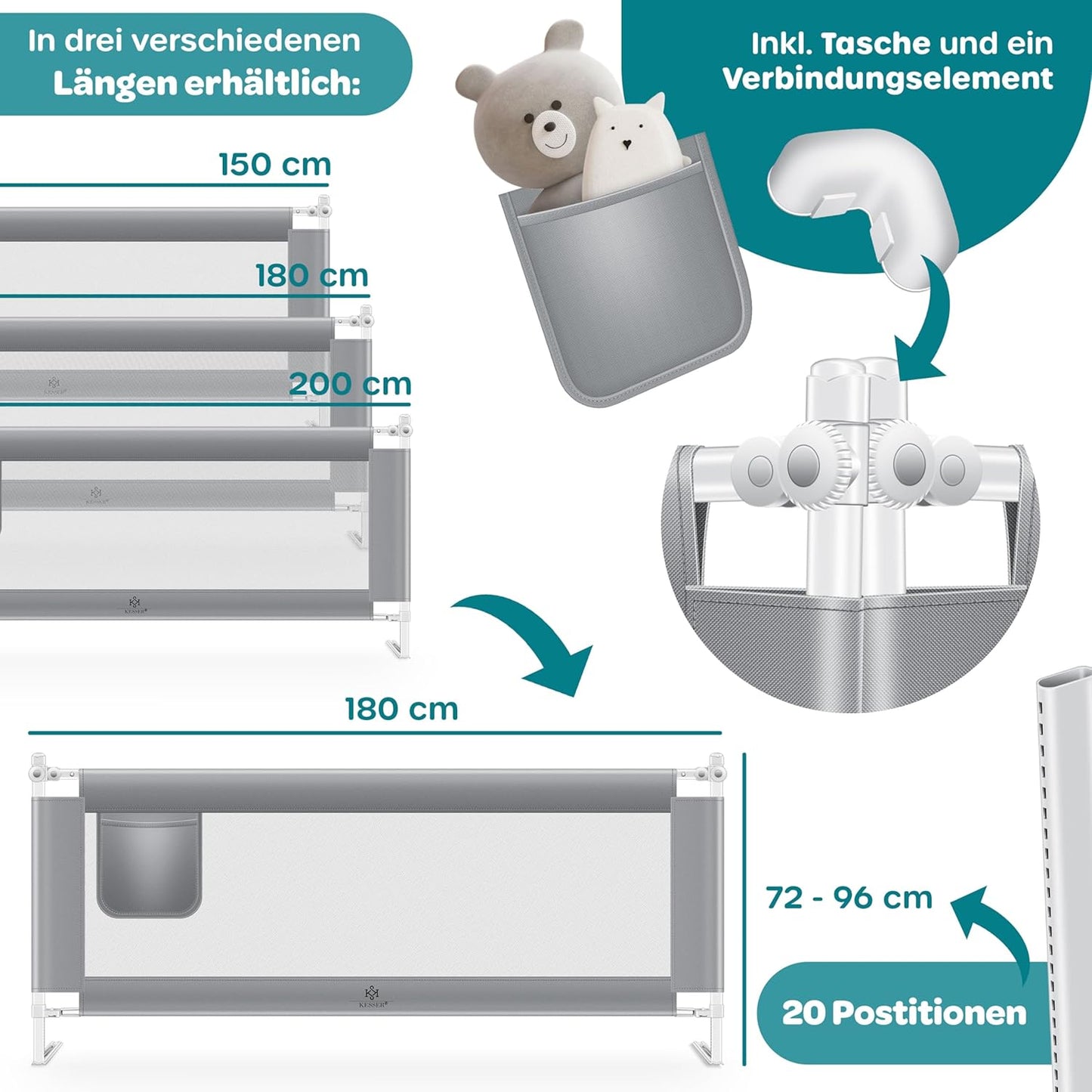 Bettschutzgitter klappbar & höhenverstellbar 180 cm, Hellgrau 180cm
