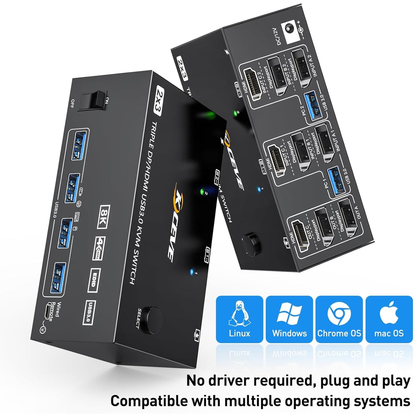 KVM Switch für 2 Computer, 3 Monitore, USB 3.0, 2X3 DP + DHMI KVM kein EDID