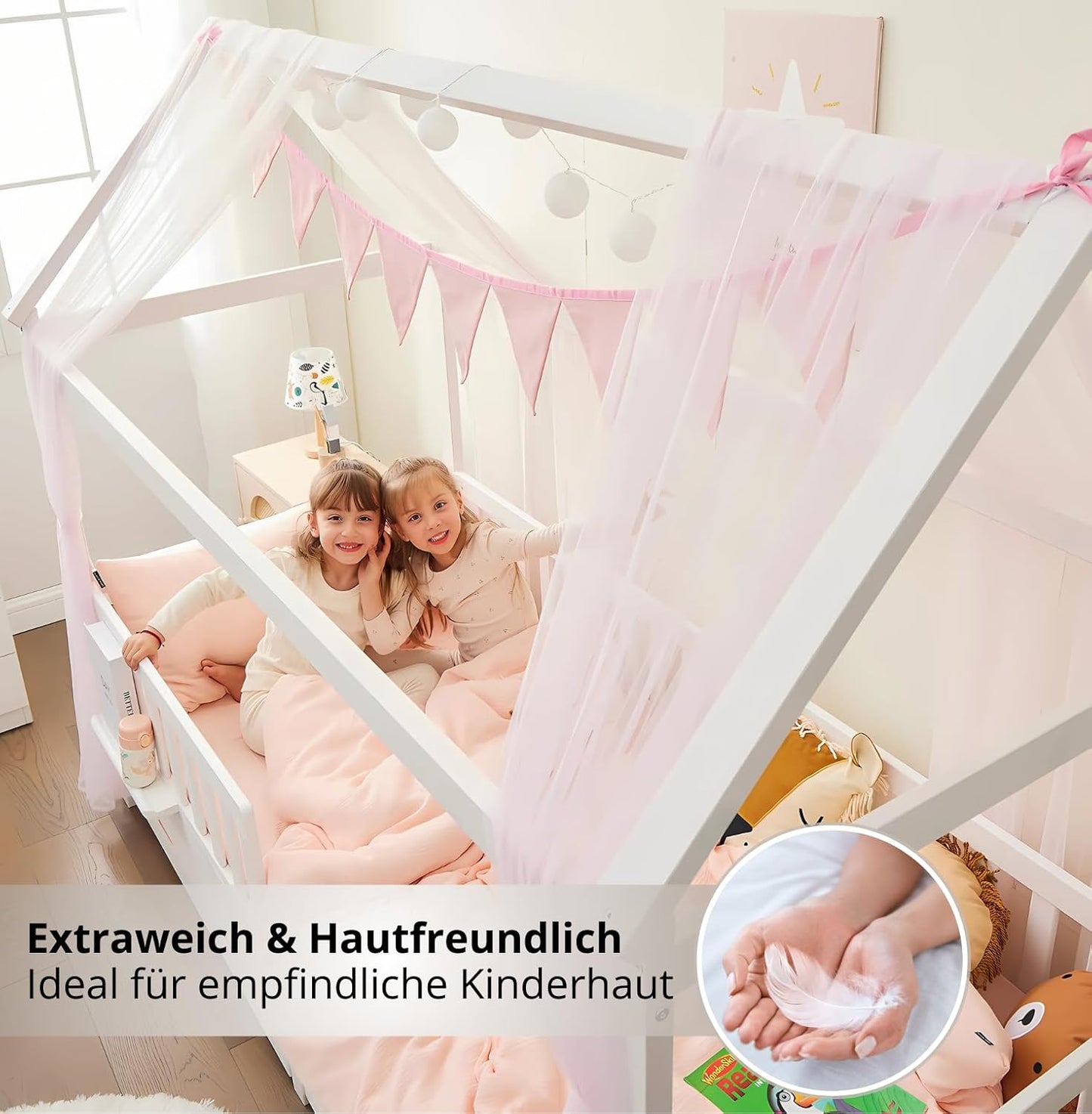 4-teiliges Hausbett Deko Set mit Betthimmel und Wimpelkette